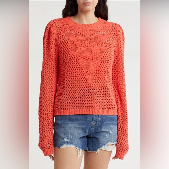 Joie Lala Puff Sleeve Crochet Open Knit Sweater in Jungle Green, Size S, NWOT - Picture 3 of 6